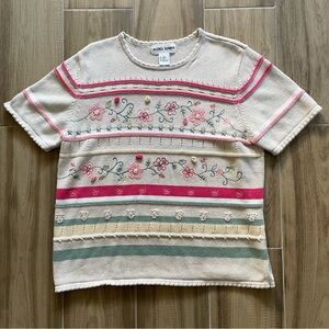 VTG ALFRED DUNNER Knit Embroidered Floral Spring Ramie Sweater Cottagecore Sz Lg